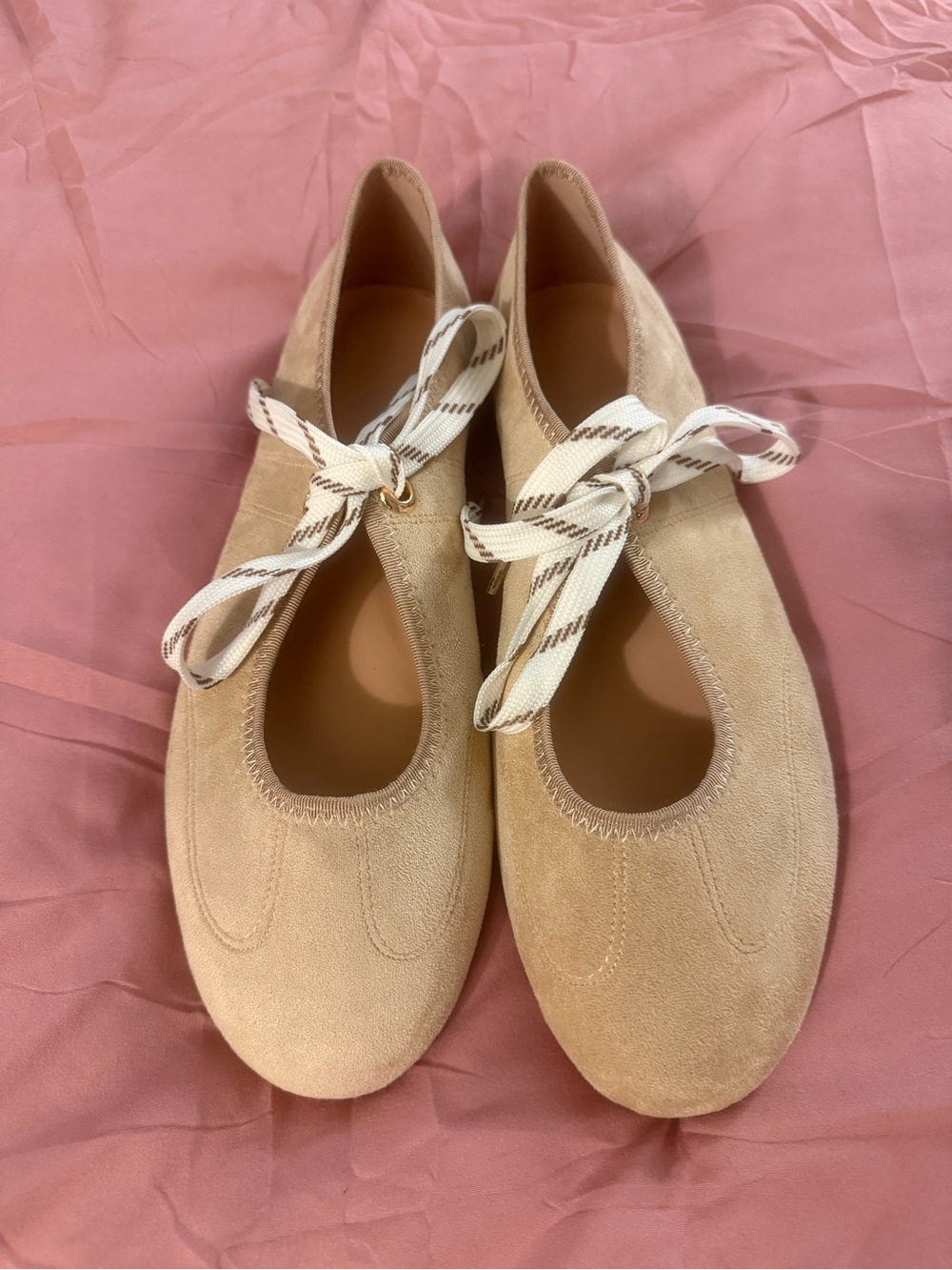 Neutral Beige Suede Women's Tie-Front Flats